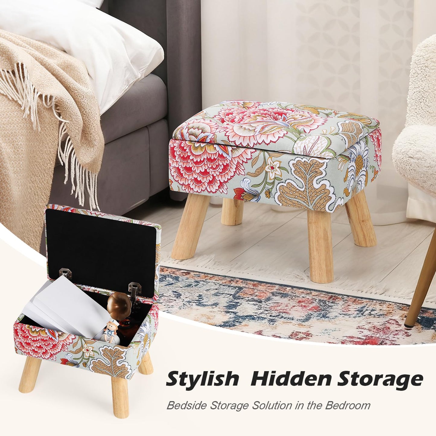 Square Ottoman with Storage Versatile Foot Stool Ottoman Boho Foot Rest with Wood Legs Small Footstools and Ottomans for Living Room and Entryway
