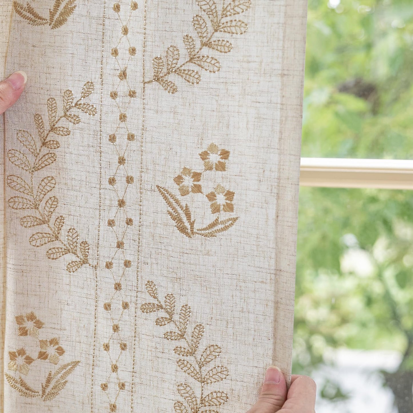 JINCHAN Linen Curtains for Bedroom Floral Curtains 84 Inch Length Linen Blend Beige Embroidered Drapes Farmhouse Flower Patterned Drapes for Living Room Window Treatments Set 2 Panels