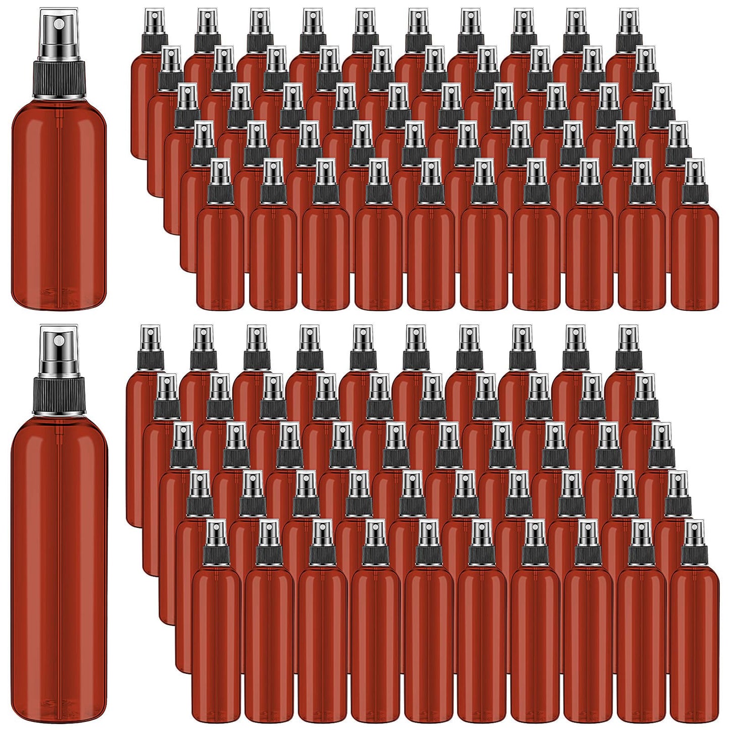 100 Pack Small Spray Bottle 2oz/4oz,Amber Spray Bottle Fine Mist,Plastic Mini Travel Empty Bottle,Reusable Portable Travel Containers for Perfume Essential Oils Cleaning Samples