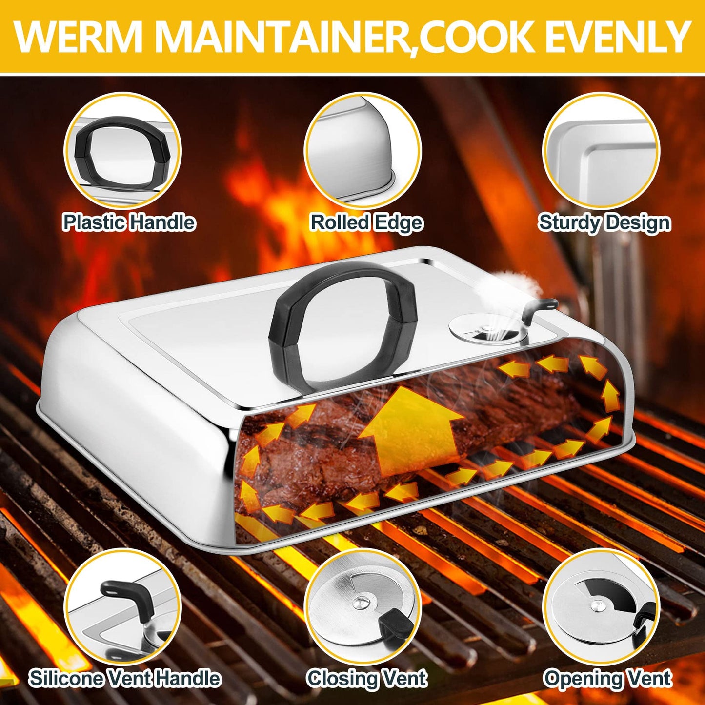 Leonyo 13" Rectangular Basting Cover with 11"x 9" Cooling Rack, Cheese Melting Dome & Wire Rack for Baking, Griddle Accessories with Steam Dome Lids for Oven, BBQ Flat Top Grill Cooking