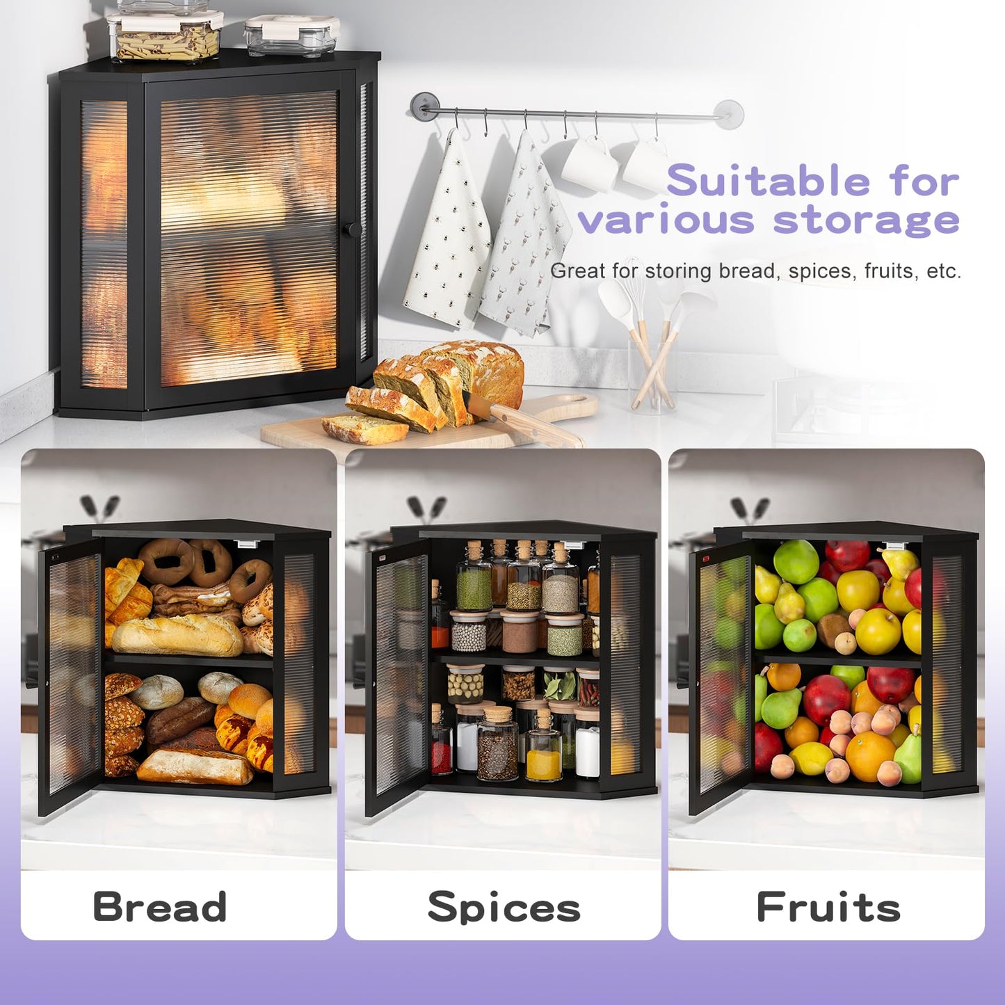 Wieghda Corner Bread box for Kitchen Countertop,Farmhouse Bread Box with Acrylic Wavy Door Panel,Large Bread box for kitchen countertop,Kitchen Countertop Food Storage Container (Black, Large)