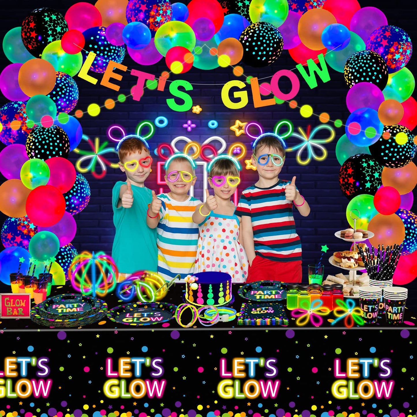 398 Pcs Glow in The Dark Party Supplies - Include Glow in The Dark Balloons, Banner, Glow Sticks, Tableware and Tablecloths for Glow Party Supplies Black Light Neon Party Decorations, Serve 20
