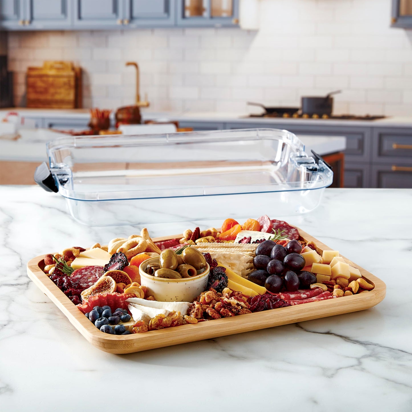 FARBERWARE Build-A-Board Bamboo Cutting Board with Clear Locking Lid and Black Handles, Perfect for Charcuterie, Snacks, and More, Single Compartment