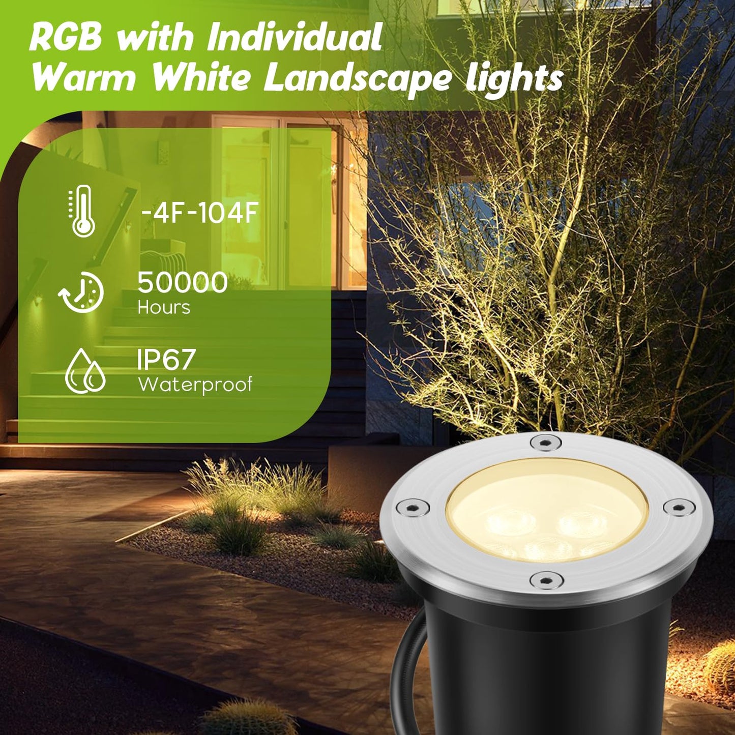 Junview Low Voltage Landscape Lights 10W RGBW Warm White LED Well Landscape Lighting with Remote IP67 Waterproof Outdoor 12V-24V Pathway Deck Ground Garden RGB Well Lights 4Pack