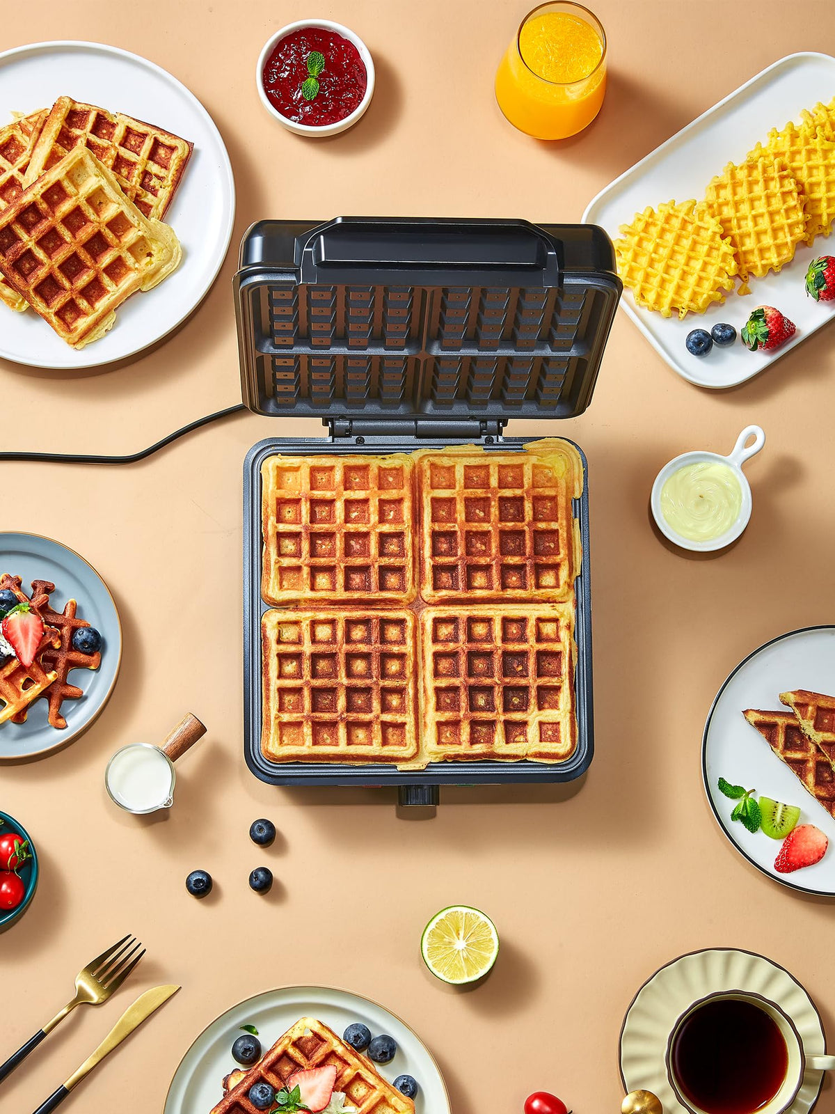Belgian Waffle Maker 4 Slices, 1200W Waffle Iron, Anti-Overflow Waffle Iron with Adjustable Knob, Nonstick Plates, Indicator Lights, White