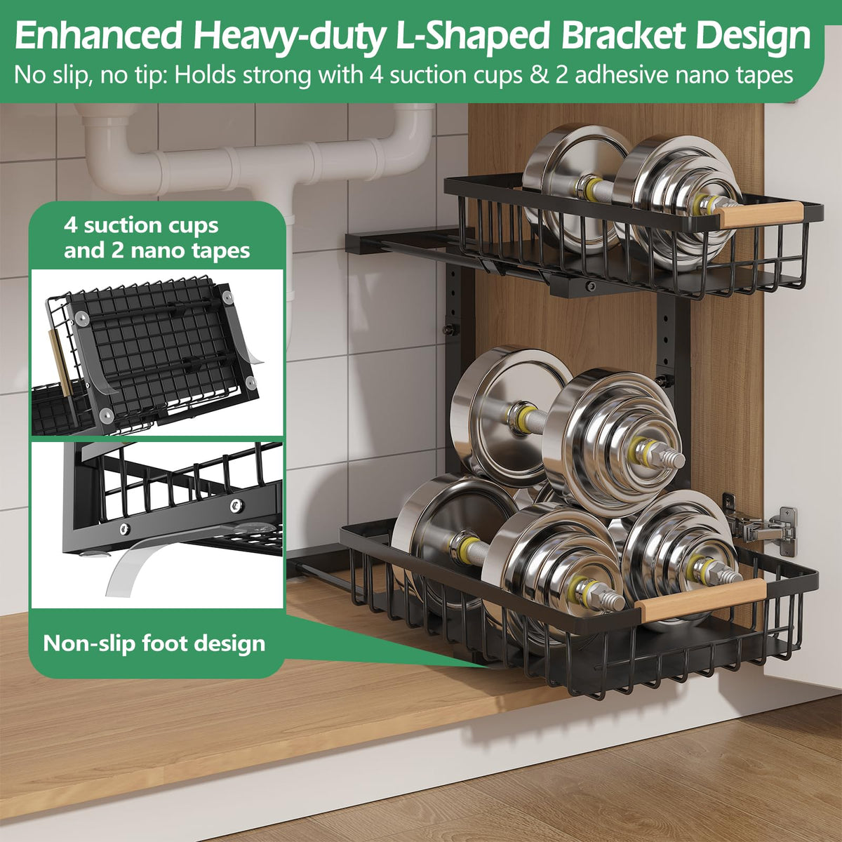 ADRIMER Under Sink Organizer, Pull Out Kitchen Organizers and Storage, 2 Tier Slide Out Bathroom Cabinet Organizers and Storage Height Adjustable Durable Metal, Black