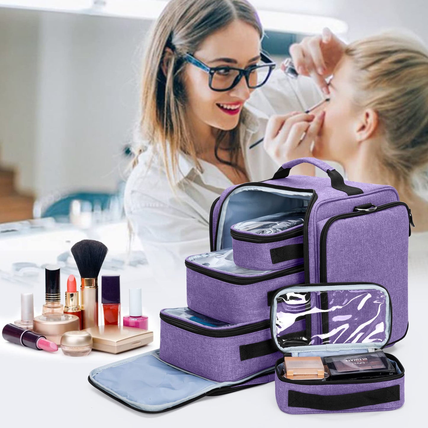 BAFASO Large Makeup Artist Bag Cosmetic Bag with 4 Inner Removable Pouches, Multifunctional Hair Bag to Keep Makeup and Hair Supplies, Purple