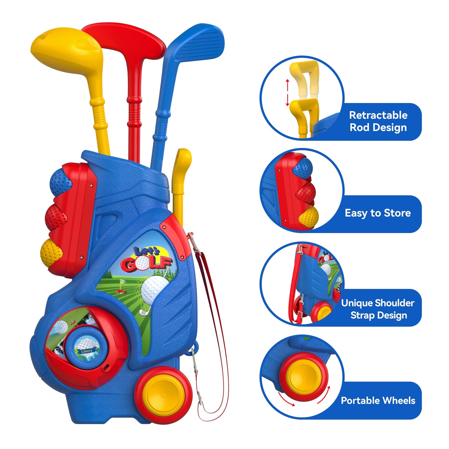 Liberry Toddler Golf Set, Upgraded Kids Golf Cart with Unique Shoulder Strap Design, Indoor Outdoor Golf Toys Gift for Boys Girls Aged 1 2 3 4 Years Old, Blue