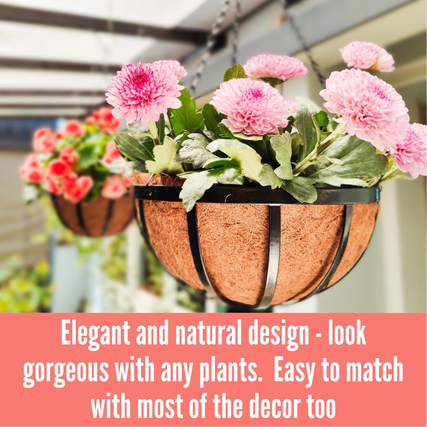 LaLaGreen Outdoor Hanging Baskets for Plants (18 Inch, 2 Pack) Extra Large Black Metal Flat Iron Hanging Planters with Coco Liner Round Flower Pot Holder Hanger Deck Porch Modern Garden Balcony Decor