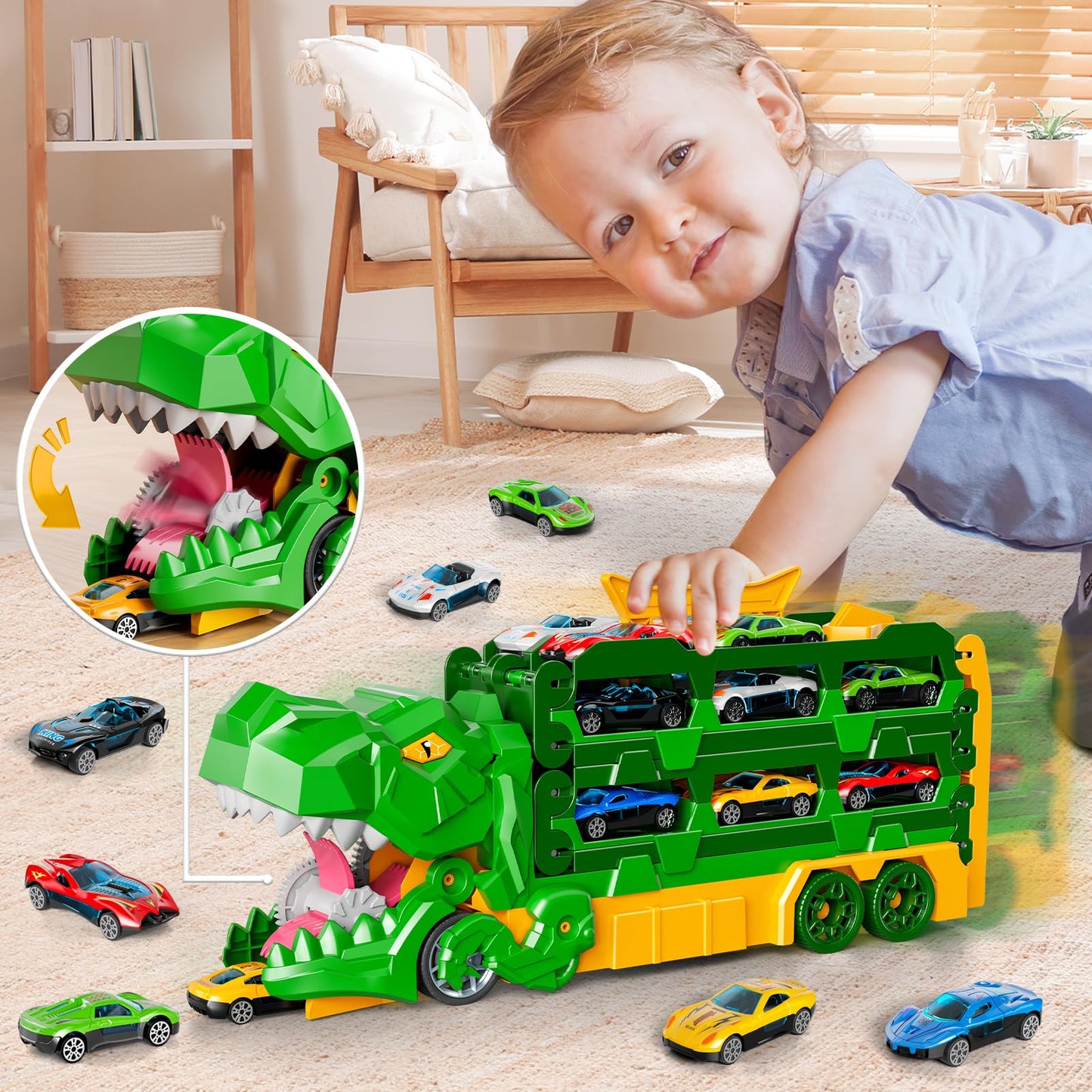 Ci vetch Dinosaur Race Track Toys for Ages 3-4 4-6, 59-inches Transport Dinosaur Truck with 12 Die-cast Cars, Carrier Truck Toy Birthday Gifts Toys for 3 4 5 6 Year Old Boy