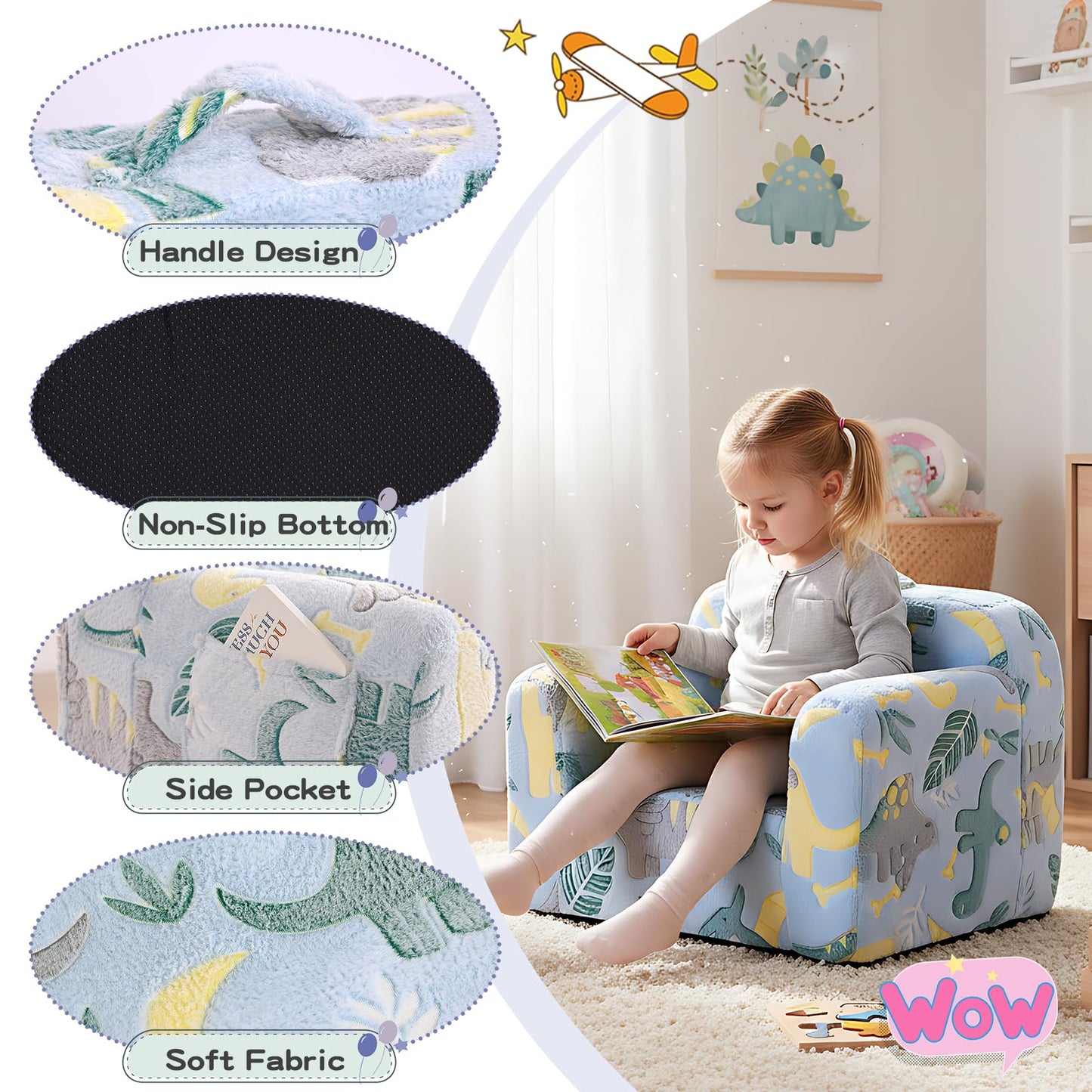 Tiita Kids Sofa, Chirldren Couch with Carrying Handle & Side Pockets, Kids Foam Chair, Toddler Armrest Chair, Kids Reading Couch for Girl Or Boy, Grey Dinosaur