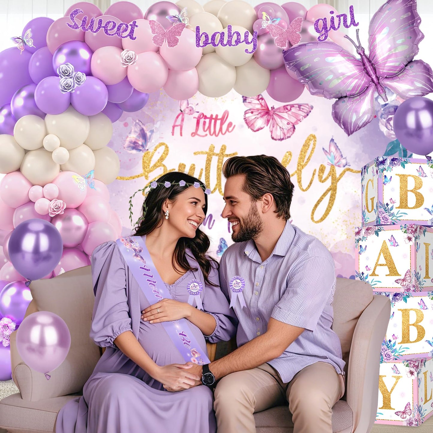 Butterfly Baby Shower Decorations, Baby Girl Shower Decorations A Little Butterfly Is On The Way Backdrop Sash Tablecloth Cake Toppers Stickers Pink Purple Balloons Baby Boxes Baby Shower Girl Decor