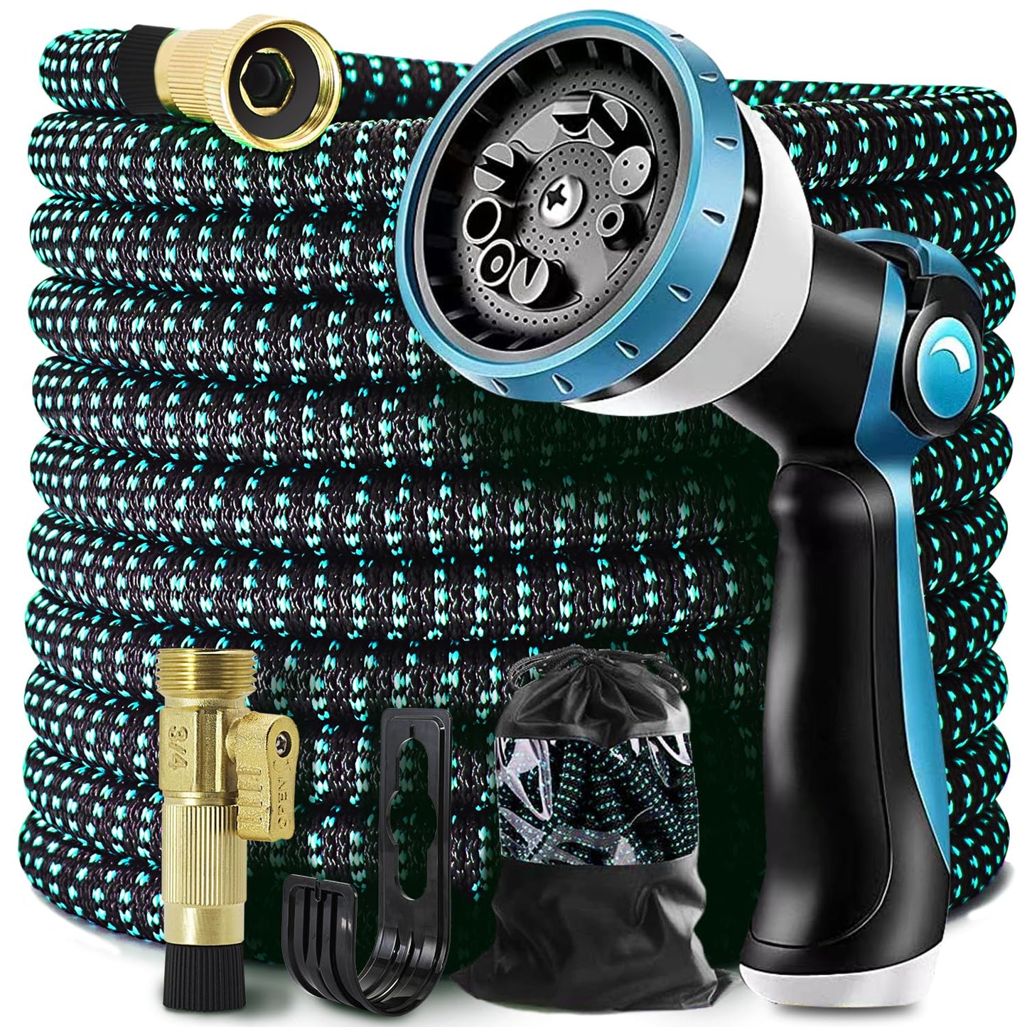 Expandable Garden Hose 100ft Flexible Water Hose, 10 Function Sprayer Nozzle, 3/4 Inch Solid Metal Fittings Lawn Yard Garden Outdoor Hose (100ft, Black and Blue)
