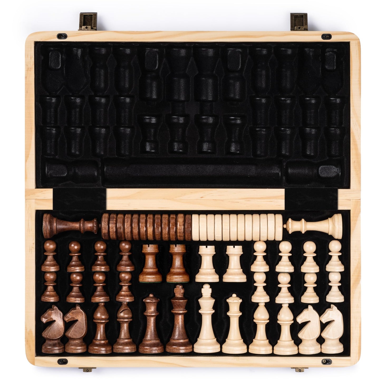 A&A 15" Magnetic Wooden Chess & Checkers Set/Folding Board / 3" King Height German Knight Staunton Chess Pieces/Walnut & Maple Inlaid /2 Extra Queen