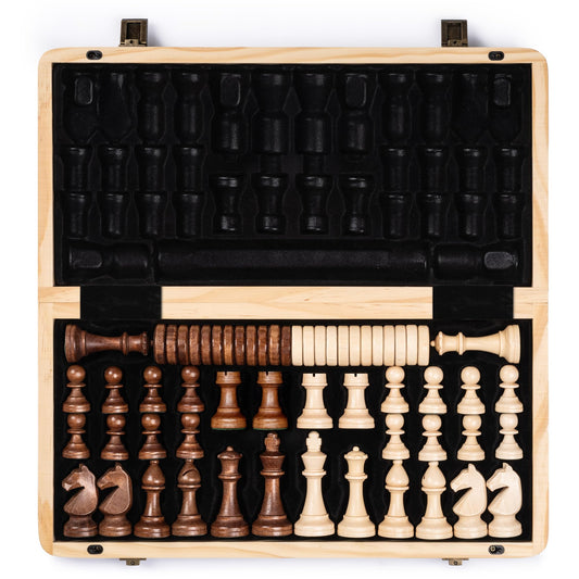 A&A 15" Magnetic Wooden Chess & Checkers Set/Folding Board / 3" King Height German Knight Staunton Chess Pieces/Walnut & Maple Inlaid /2 Extra Queen