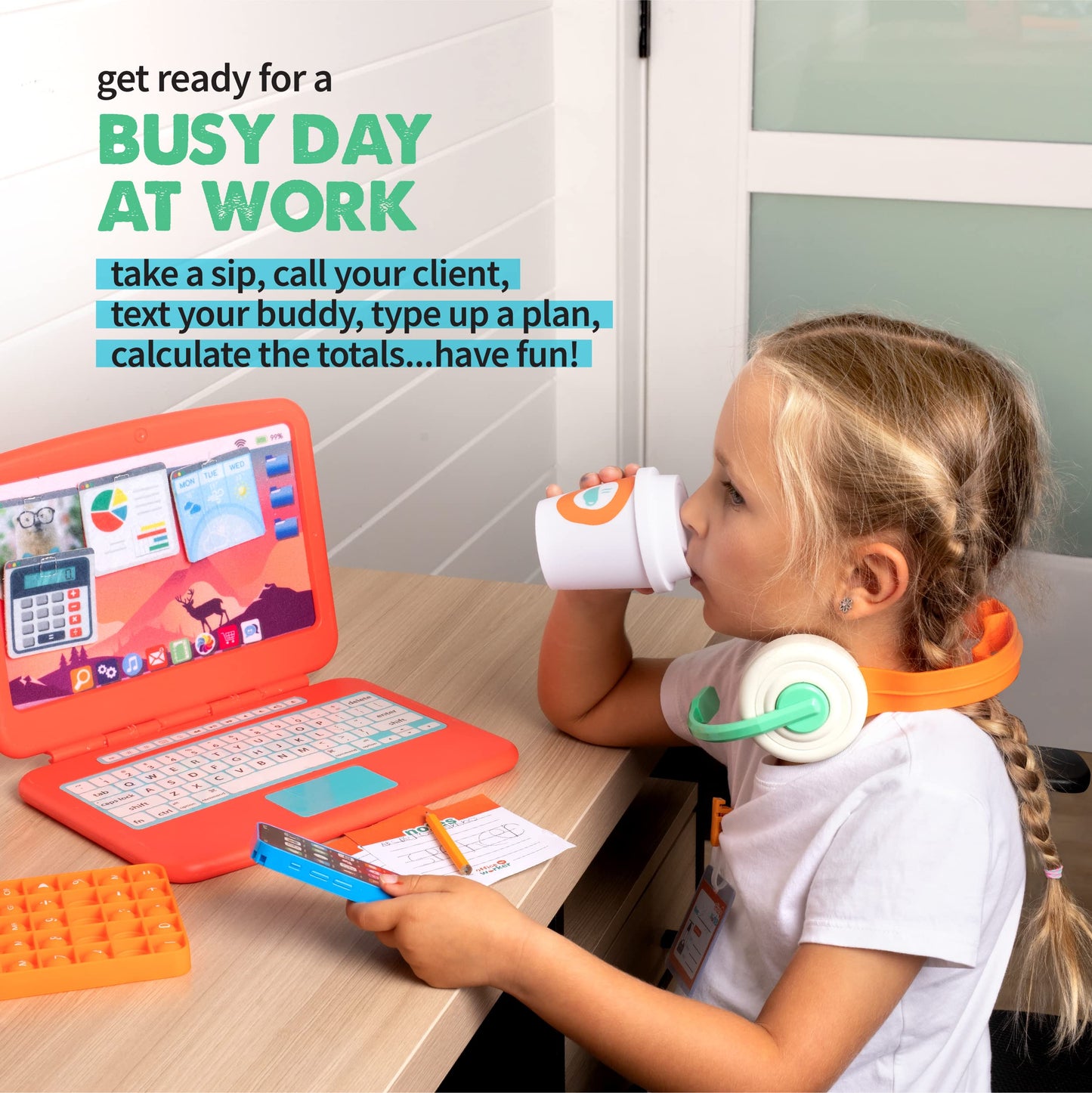 Born Toys Kids Pretend Play - Work from Home Office Toys w/Kids Laptop, Headset, Toy Phone w/LED & Sounds for Ages 3-7