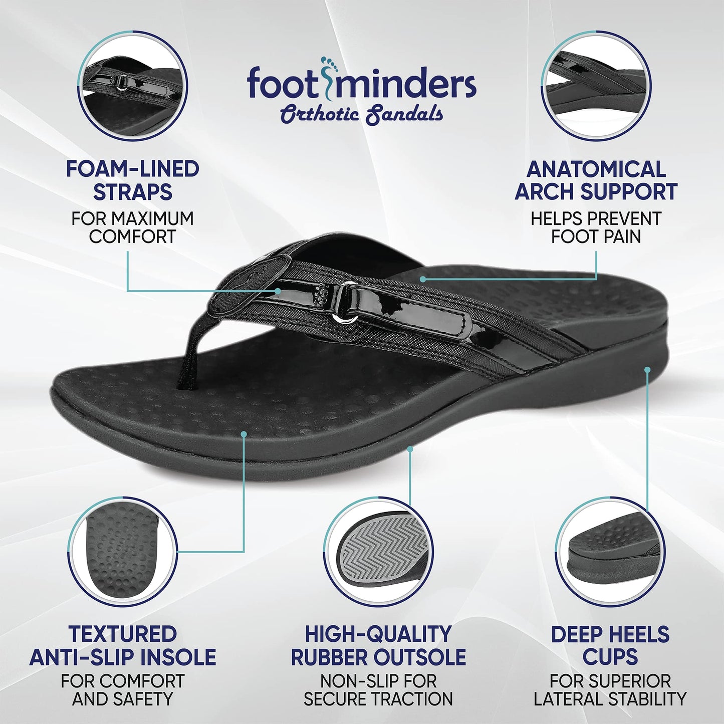 Footminders SEYMOUR Orthopedic Sandals for Women - Comfort Flip Flops With Arch Support - Relieve Foot Pain Due to Flat Feet and Plantar Fasciitis, Black, 6