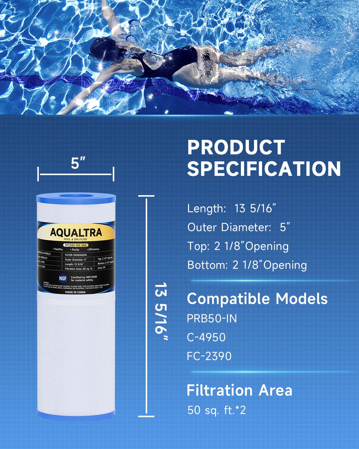AQUALTRA Spa Filter Replacement Compatible with PRB50-IN, C-4950, FC-2390, Jacuzzi J200/J210/J220/J235/J245/J275, Guardian 413-212-02, 373045, 13 5/16" x 5" Drop in Hot Tub Filter 2 Pack