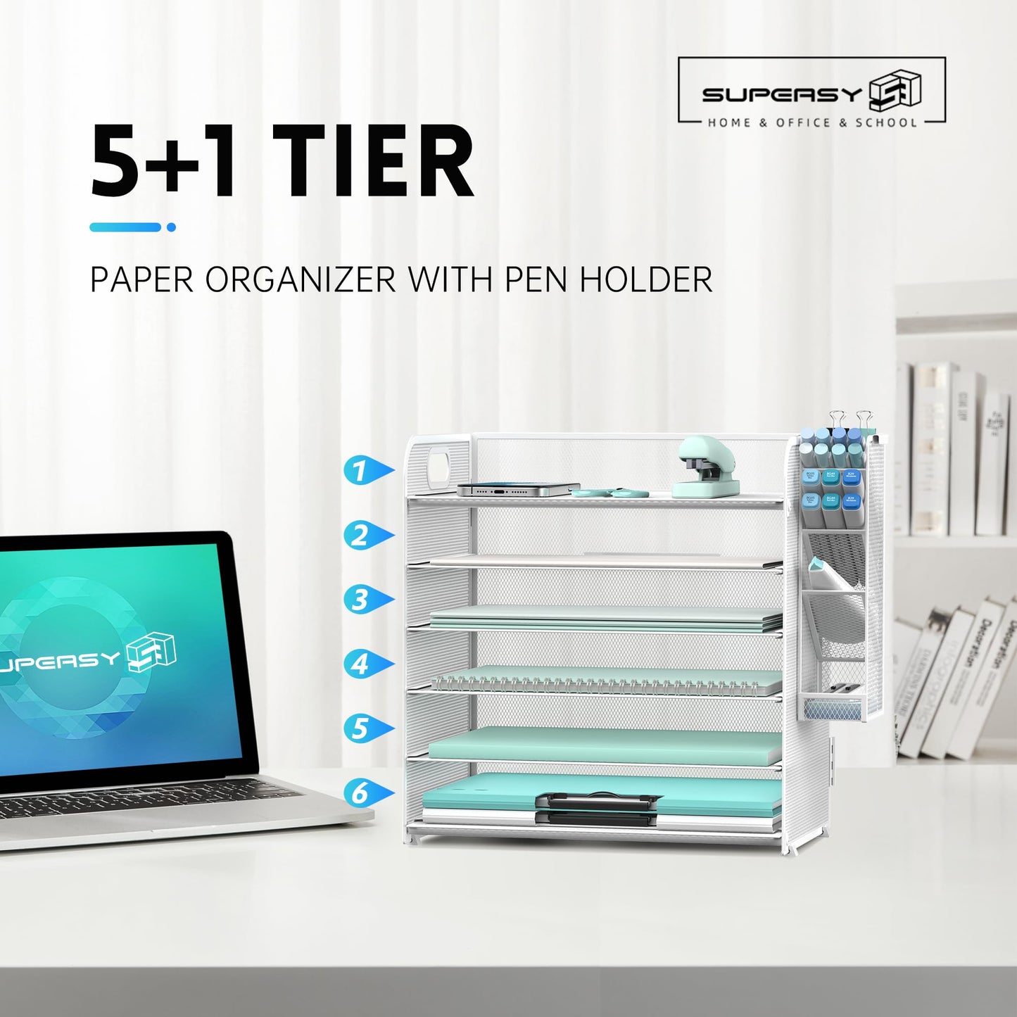 SUPEASY 6 Tier Paper Organizer with 4 Pen Holders, Mesh Letter Tray with Handle, Paper Tray Organizer for A4 Files, White