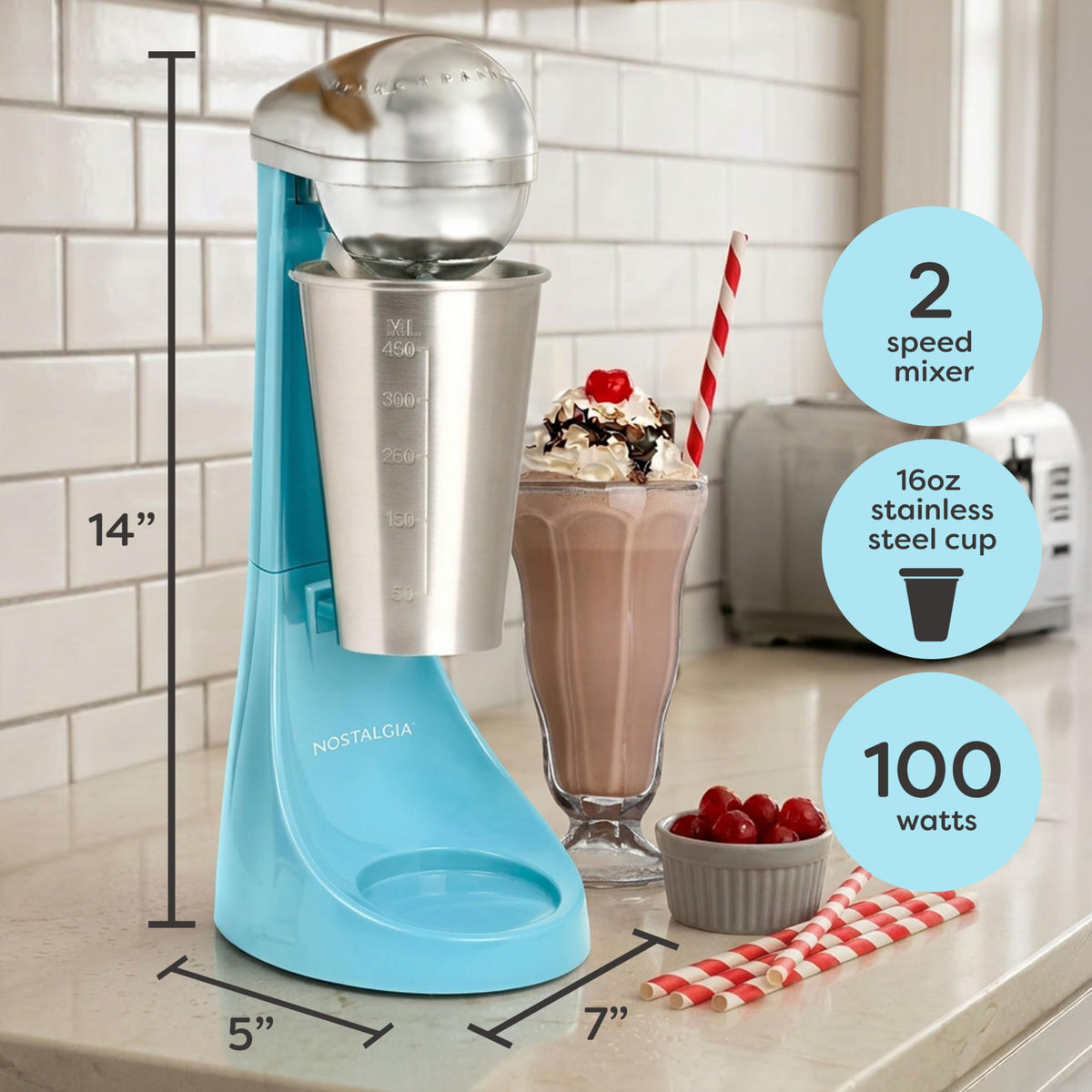 Nostalgia Two-Speed Electric Milkshake Maker and Drink Mixer, Includes 16-Ounce Stainless Steel Mixing Cup & Rod, Blue