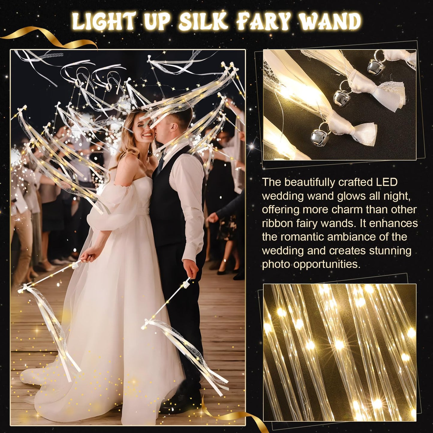 50 Pcs Wedding Wands Ribbon Streamers with 3 Colorful Flashing Modes, Light up LED Silk Fairy Wands, Glow Lace Stick with Bells for Wedding Reception, Graduation, New Year, Birthday Party (Warm White)