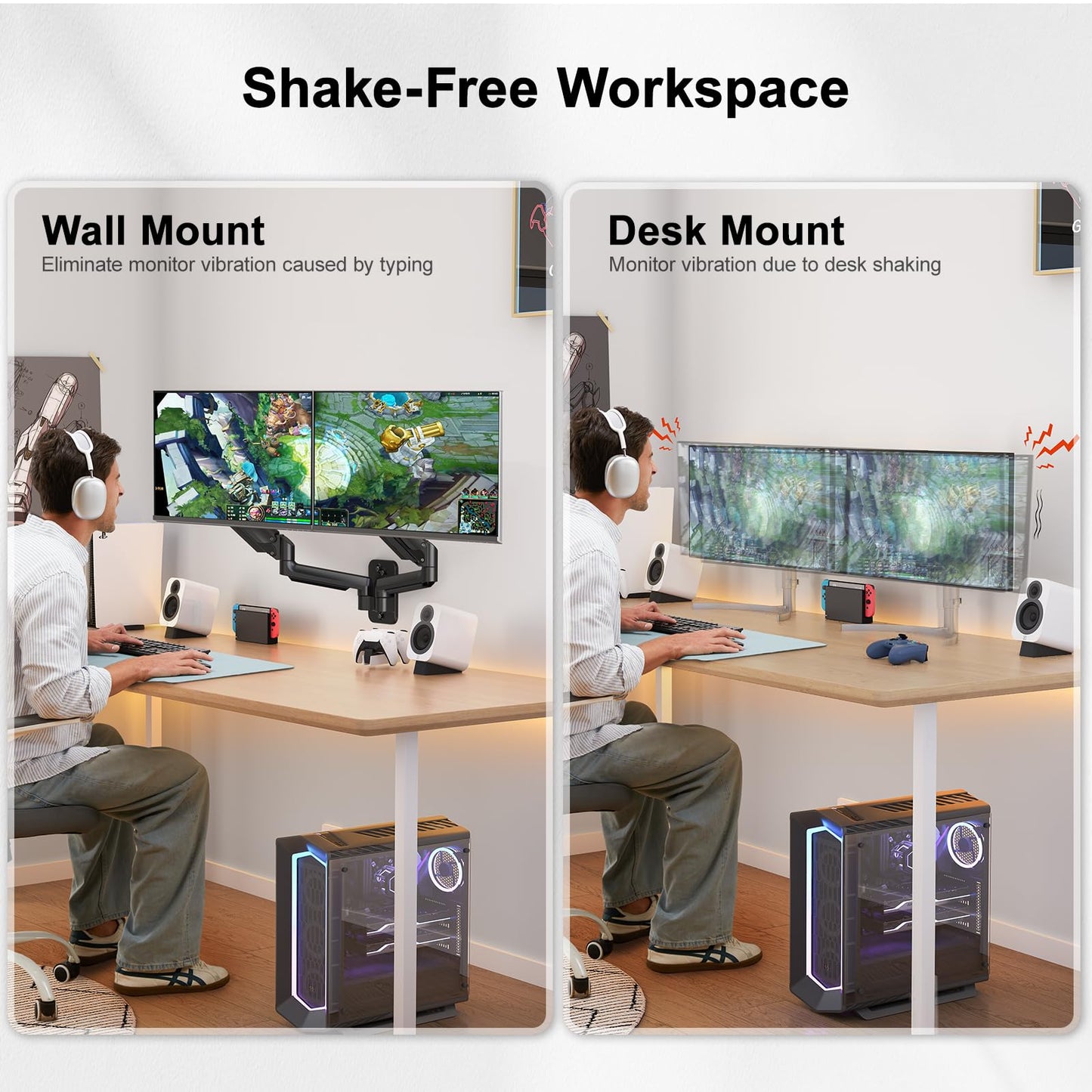 HUANUO Dual Monitor Wall Mount up to 32-inch Screens, Wall Monitor Mount with Design System, Height-Adjustable/Tilt/Swivel/Rotate, Dual Monitor Mount Holds 17.6 lbs, VESA 75 or 100mm