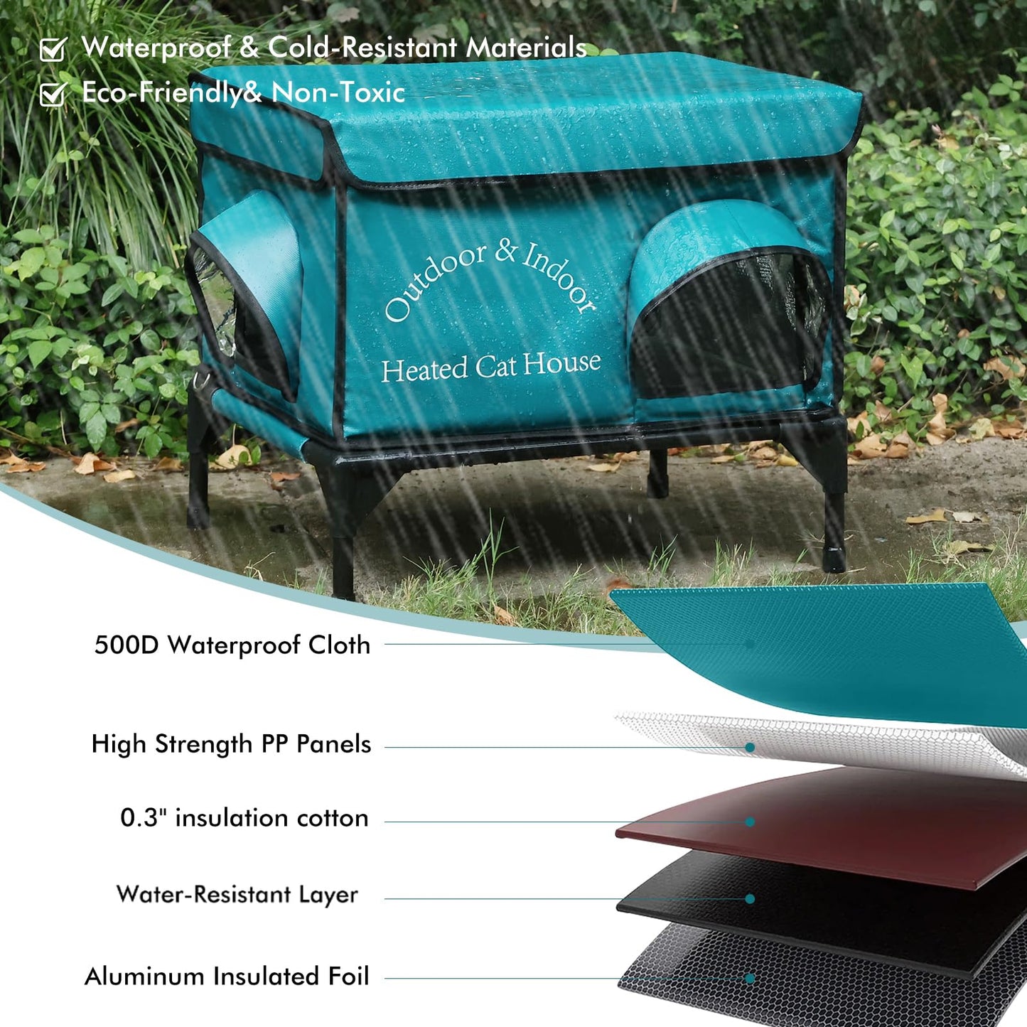 Yeatruojeet Heated Cat House for Outside Cat in Winter, Insulated Outdoor Feral Cat Shelter with Cat Heating Pad, 2 Doors,Elevated Waterproof Heated Kitty House (Blue, 21"x17.5"x18")