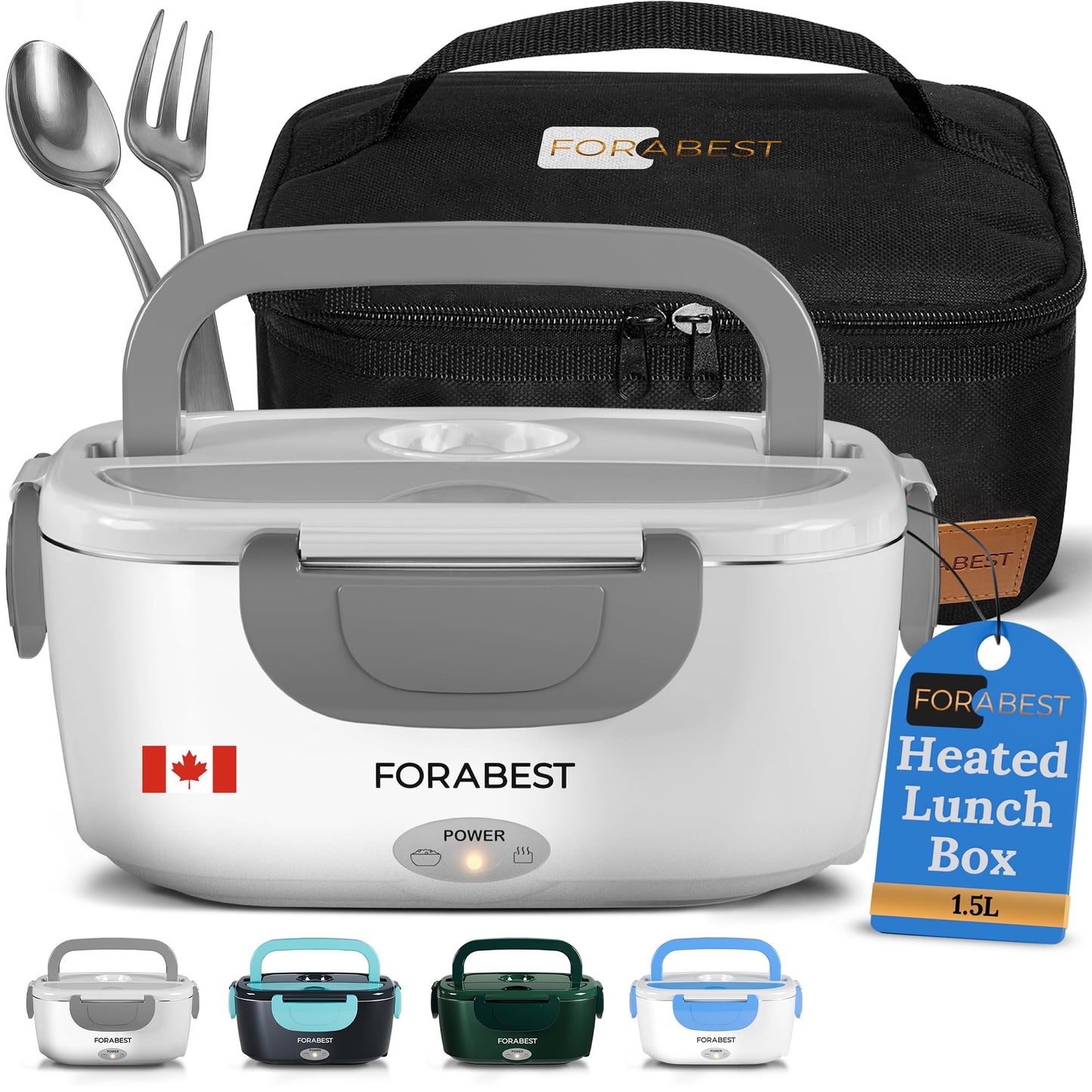 FORABEST Heated Lunch Box, 80W Electric Lunch Box for Adults, Portable Food Warmer with 1.5L Stainless Steel Container, Utensils, Carry Bag & Leakproof Lid, 12V/24V Car/Truck & 110/120V Home/Office