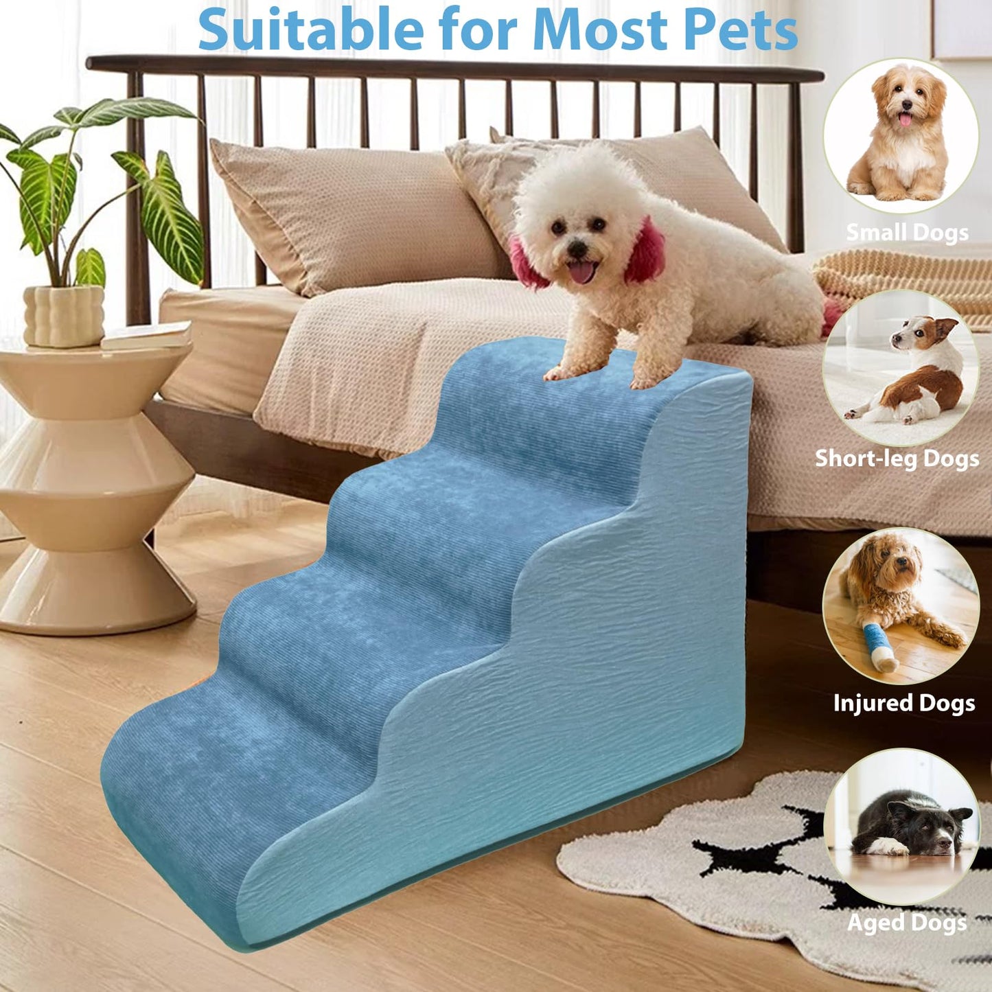 Kopmath Dog Stairs for Beds and Couches, 4+ Tiers Dog Steps, Sturdy and Stable, Strong-Support High Density Sponge, Protect Pets Joints, Non-Slip Bottom Design,21.7" H