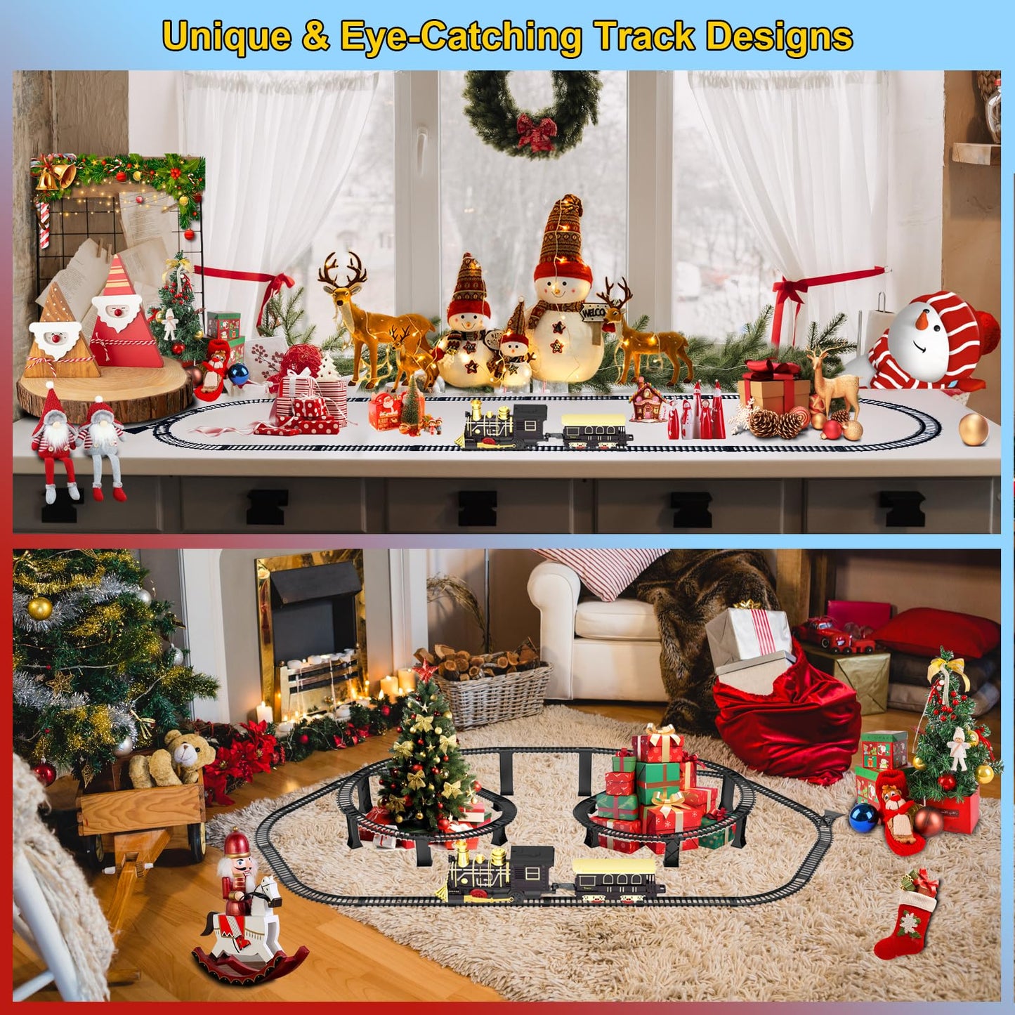 Electric Train Set with 3D Elevated Tracks Music, Locomotive Passenger Carriages, Lights & Quiet Mode Christmas Train for Kids Birthday Gift Holiday Toy for Boys Girls 3 4 5 6 7