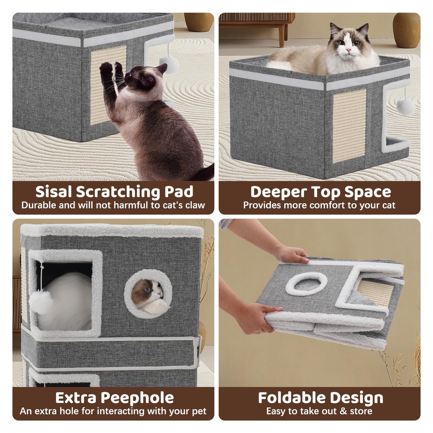 3 Storey Cat House for Indoor Cats Cube Condo, Stackable Cat Cave Beds & Furniture with Scratch Pad and Peephole, Cute Modern Cat Condo for Multi Small Medium Pet Kitten Puppy