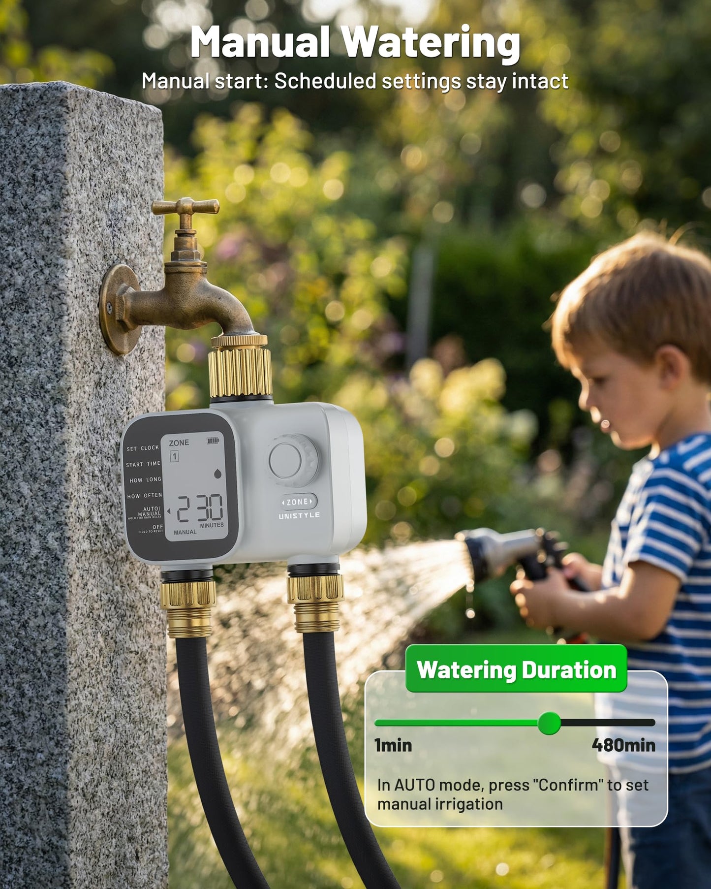 2027 New Upgrade Sprinkler Timer 2 Zone with Brass Inlet, Unistyle Water Timer for Garden Hose with Rain Delay and Manual Water/Automatic Irrigation, Hose Timers for Yard and Lawn Patio