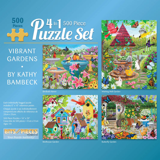 Bits and Pieces – 4-in-1 Multi-Pack - 500 Piece Jigsaw Puzzles for Adults – 500 pc Spring Garden Flowers Puzzle Set Bundle by Artist Kathy Bambeck - 41cm x 51cm