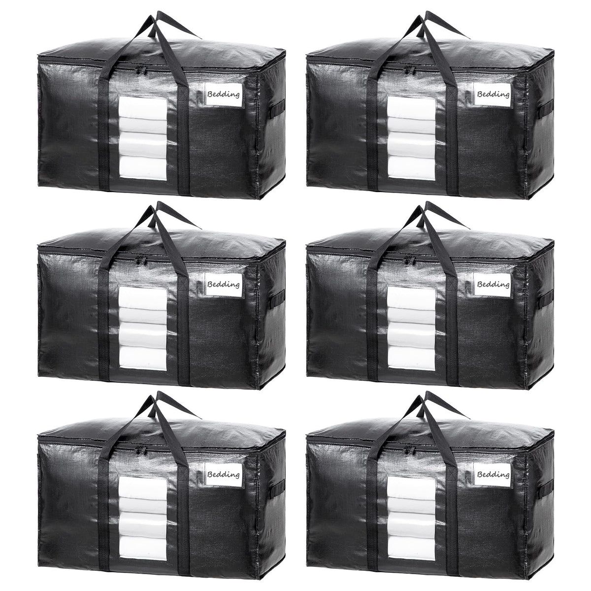 TAILI Extra Large Moving Bags, Heavy Duty Totes for Storage with Visible Window, U-Shaped Around Handles, Storage Contrainer Box for Space Saving, Black, 6 Pack
