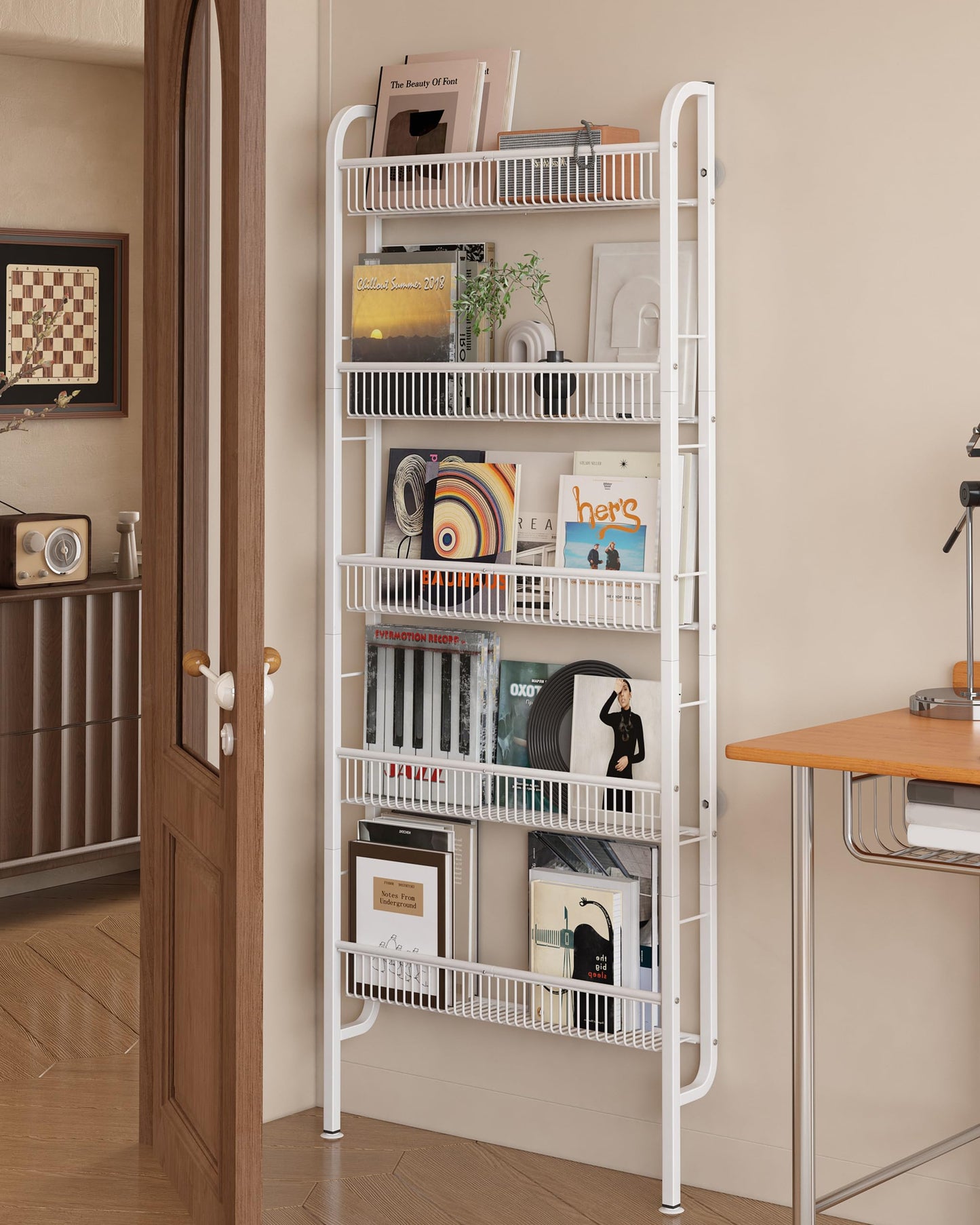 UMDONX Narrow Metal Storage Shelf Behind Door Organizer 5 Tier, Bookshelf Bookcase Book Rack Bathroom Shelving Unit Multifunctional (White 62x9x160cm)