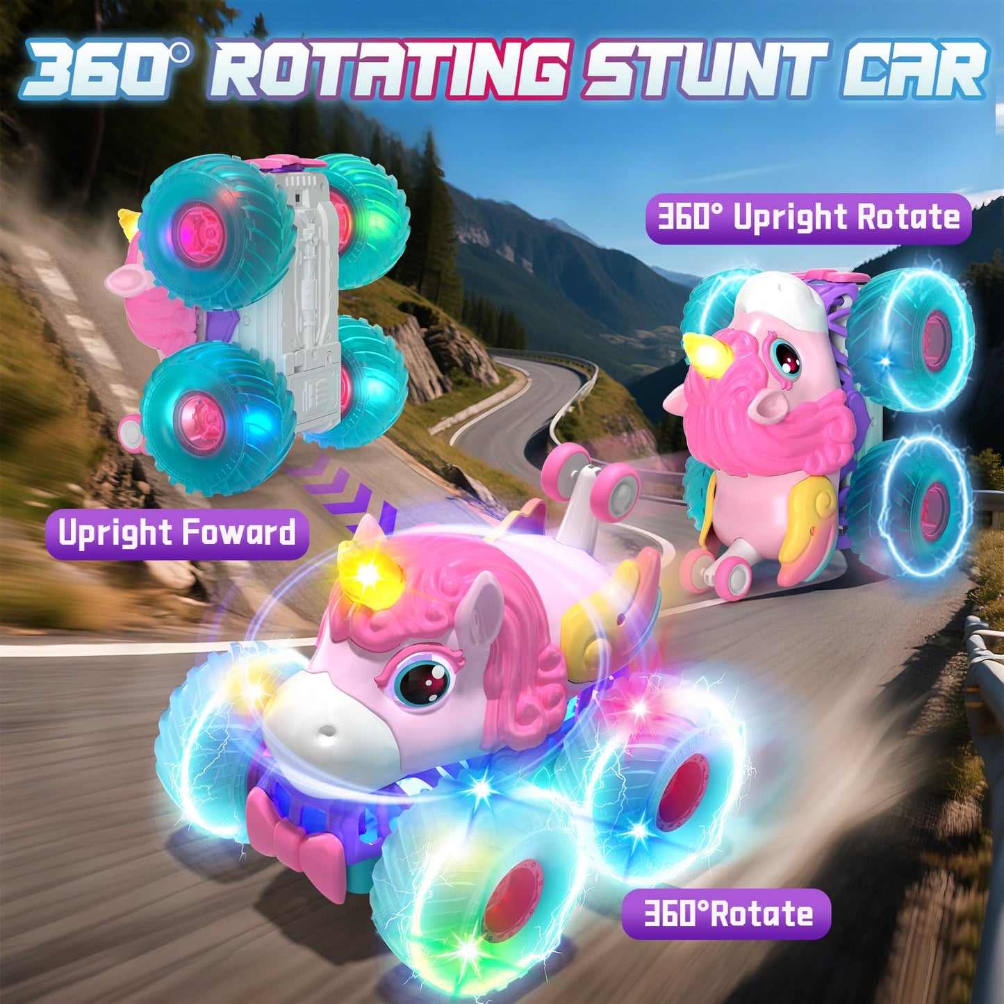 Lehoo Castle Remote Control Car for Girls 360° Rotating, Unicorn Monster Truck Toys with LED Lights, 4WD All Terrain RC Stunt Car Rechargeable, 2.4GHz RC Truck for 3 4 5 6 7 8 Girls Birthday Gift