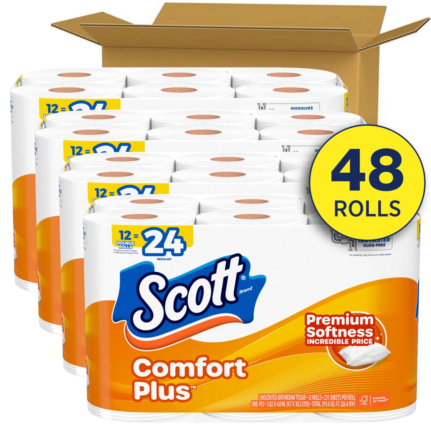 SCOTT CMFRT+ DBL RL Bath Tissue E-COMM 48 PK 231 FSC Mix SGSCH COC 005460