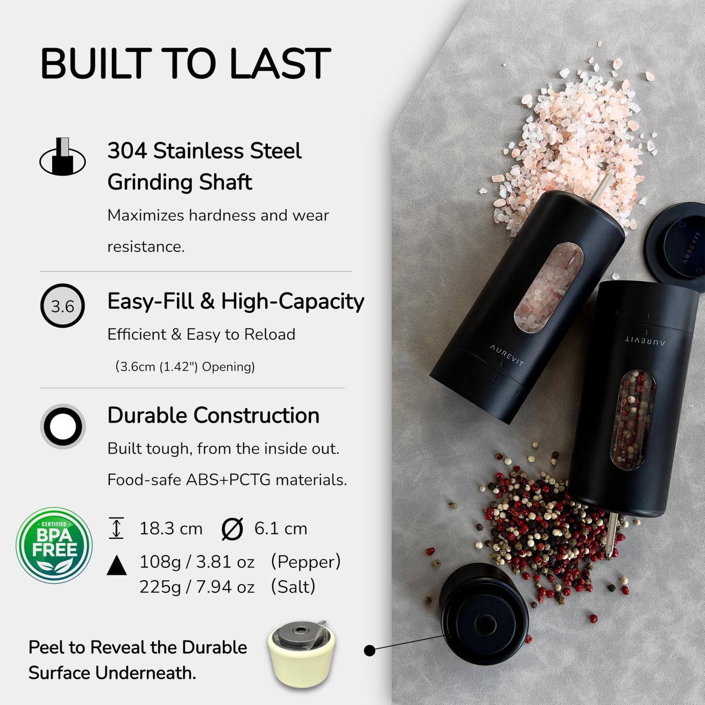 Aurevit Salt and Pepper Grinder Set Manual, Salt and Pepper Mill with Ceramic/Stainless Steel Core, External Adjustable Coarseness, Refillable, Durable (2 Packs, Black)