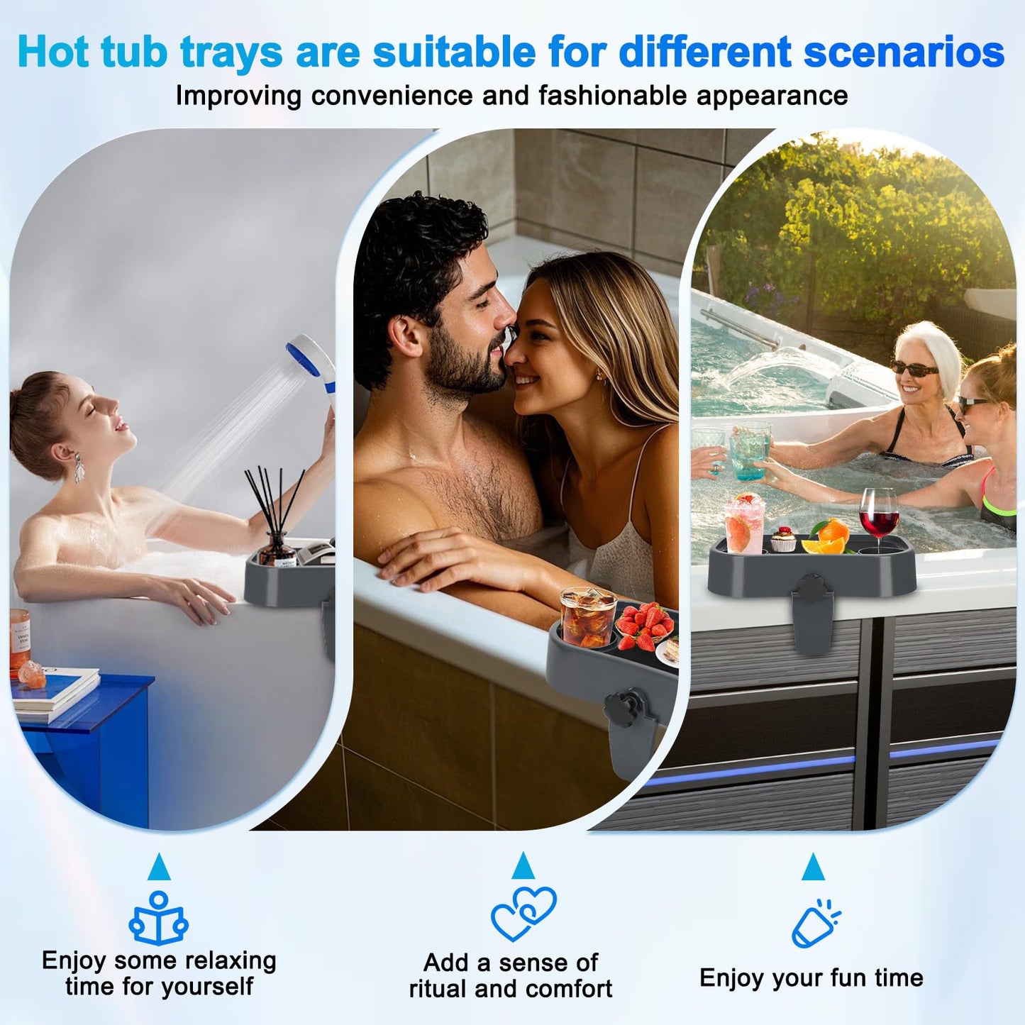 Hot Tub Tray, Adjustable Spa Table Tray with 2 Cup Holders, Spa with Wall Thickness of 2'' to 6.5'', Nonslip Heavy-Duty Shelf for Aboveground Bathtub, Spa Accessory