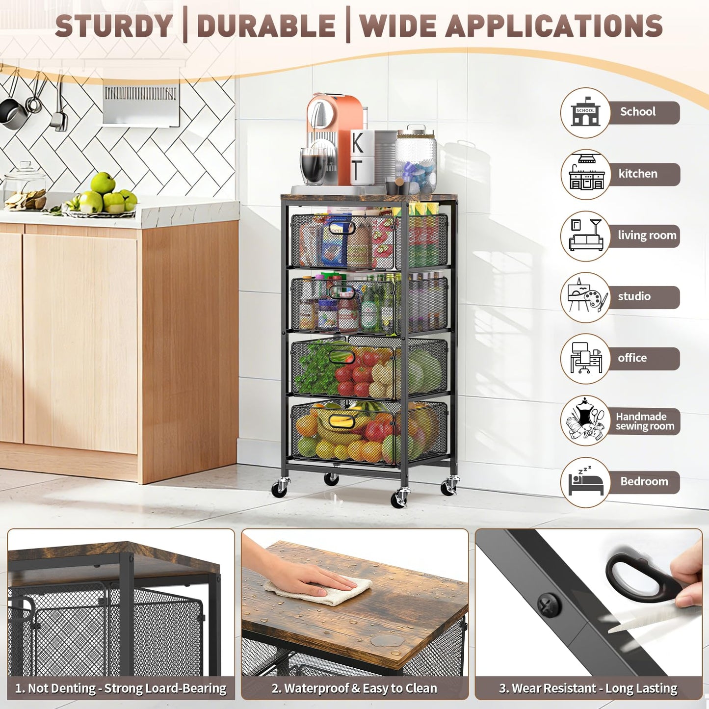 SUNALLY Rolling Storage Cart with Drawers, 4-Tier Utility Cart Snack Organizer with Lockable Wheels Metal Kitchen Storage Drawer Cart on Wheels with Wooden Top for Art Craft Bathroom Bedside, Black