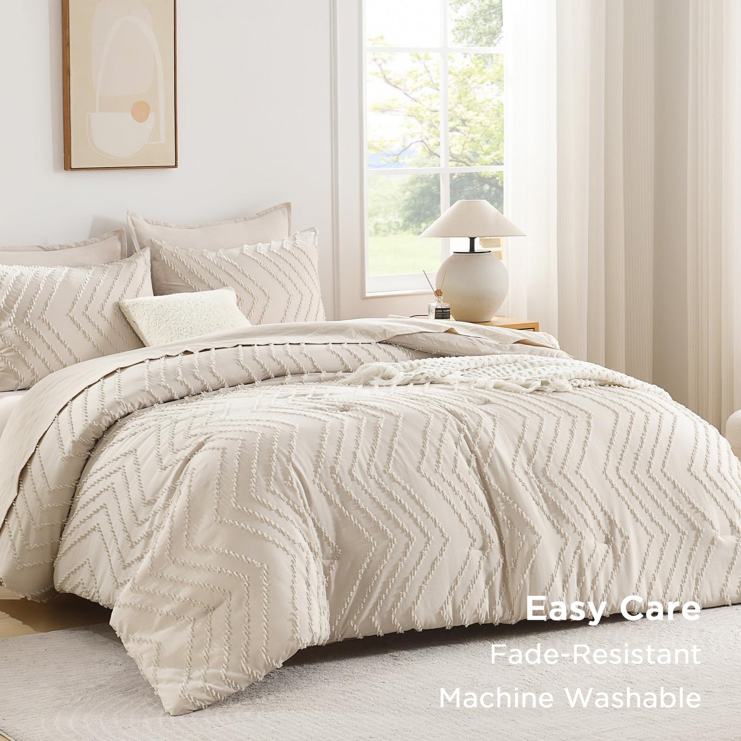 Andency Queen Comforter Set Beige, Comforters Queen Size Boho Cream Soft Warm Tufted Neutral Bedding Comforter Sets for Queen Bed, 3 Pieces Aesthetic Chevron Farmhouse Cute Bohemian Textured Bed Set