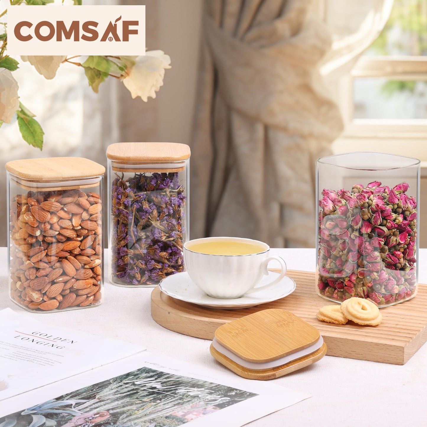 ComSaf 1.1L Glass Storage Containers with Lids, Glass Jars with Bamboo Lids, Clear Square Food Storage Jar Set of 9, Pantry Organizers and Storage for Flour Oat Pasta Tea Coffee Bean