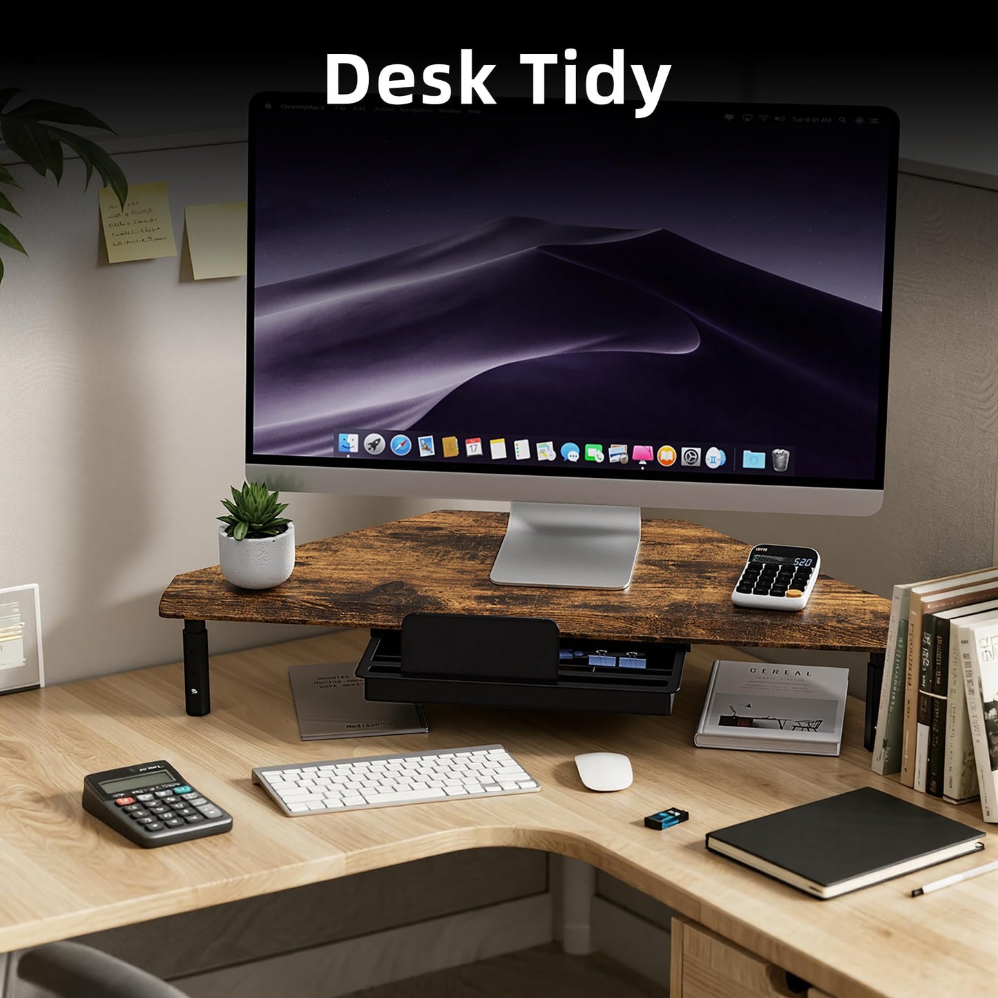 ETHU Triangle Monitor Stand Riser with Drawer - Adjustable Height Corner Riser for PC/Laptop, Ergonomic Desktop Computer Stand, Supports 44.09 LBS, Walnut