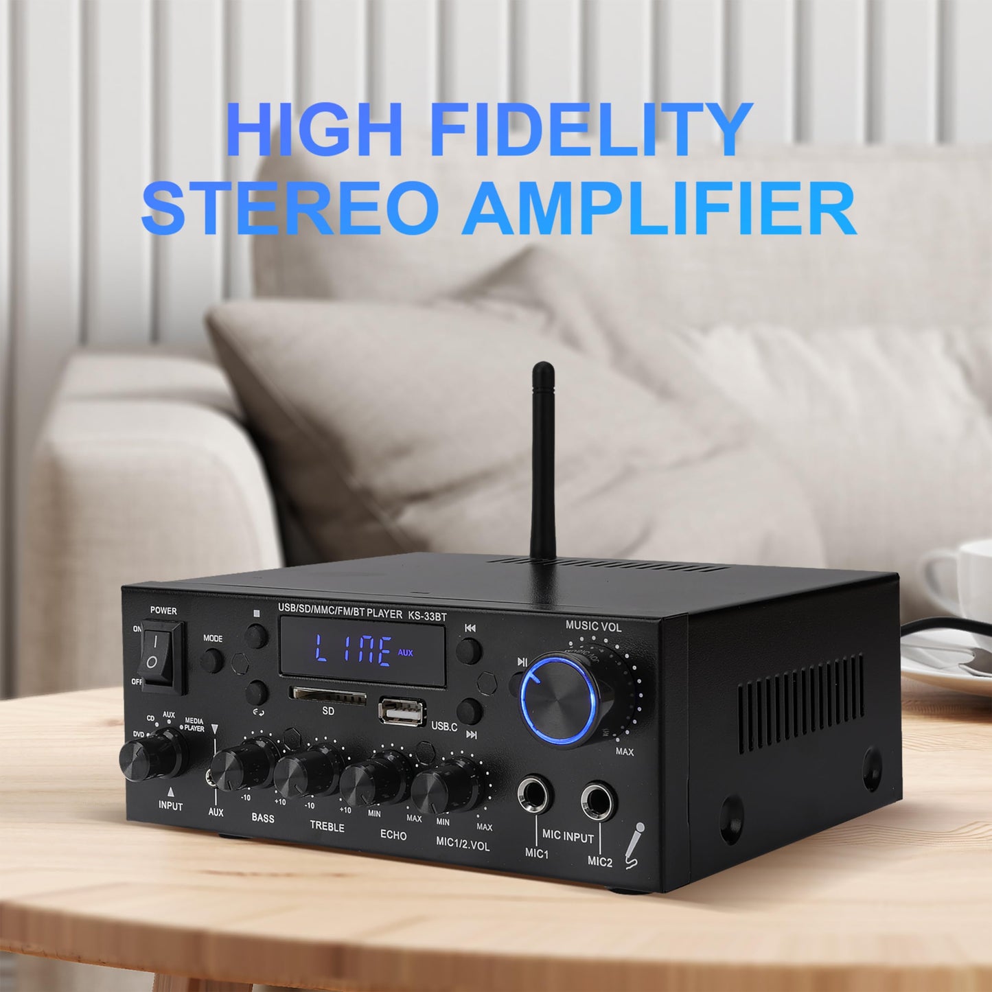 1000W Mini Stereo Amplifier Bluetooth 5.0 Home Audio Power Amplifier, Dual Channel Wireless Sound Audio Stereo Receiver System w/USB, SD, AUX