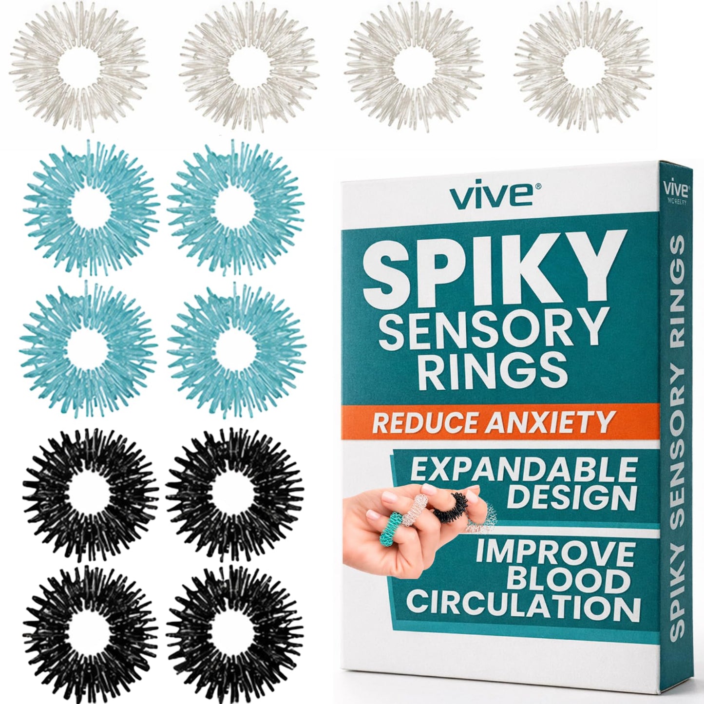 Vive Spiky Sensory Rings (12-PK) - Fidget Anti-Anxiety Acupressure - Spiky Spinner for Finger - Ideal Set for Men, Women, Adults, Calming for Stress Relief, Massage, 12 Count (Pack of 1),