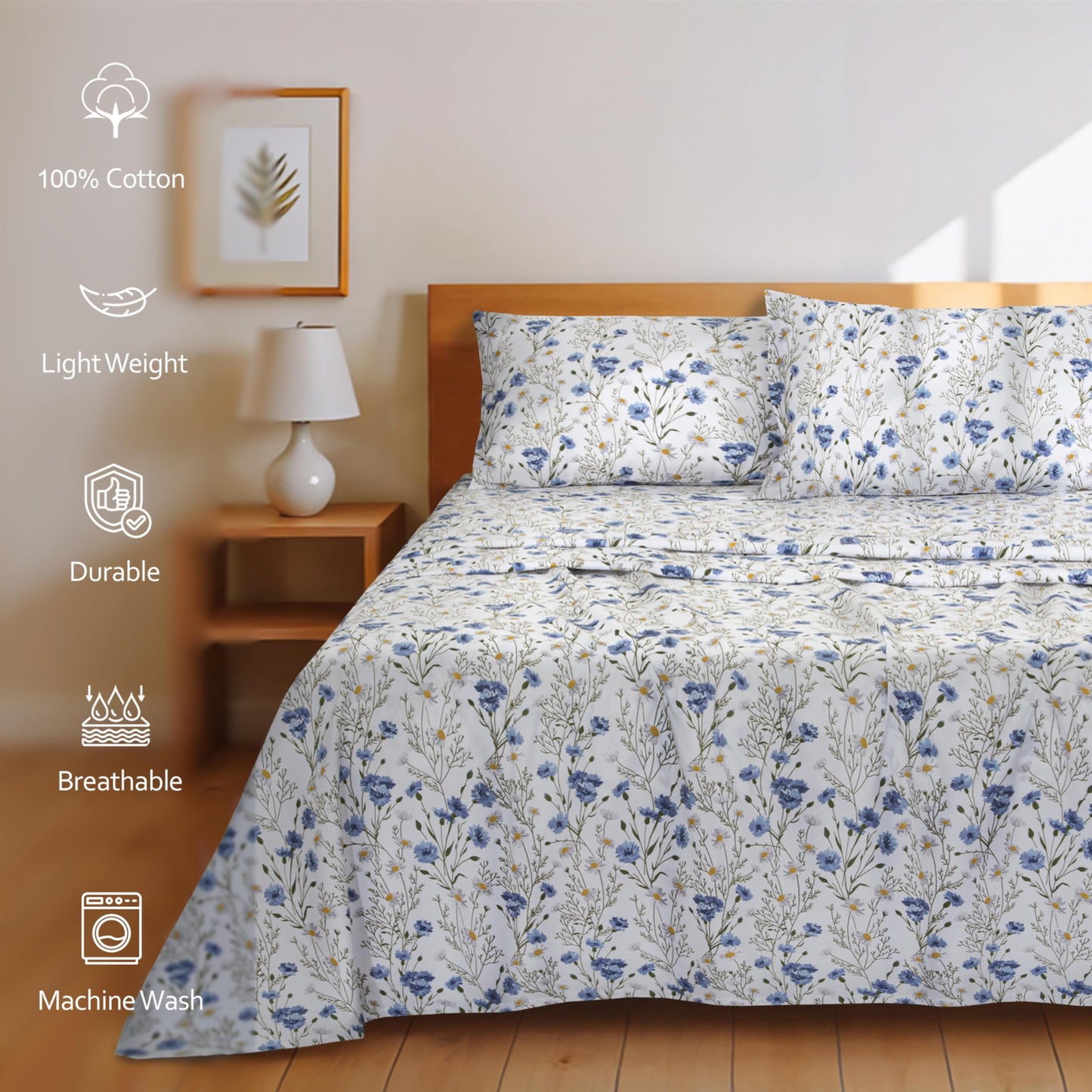 RUVANTI 100% Cotton Sheets Queen Size Set, 4 Pieces, Soft & Breathable Percale Weave Bedding, Deep Pocket 16", Hotel Standard, Crisp Cool Feeling, Durable, Perfect Floral Bed Sheet, Sweet Pea