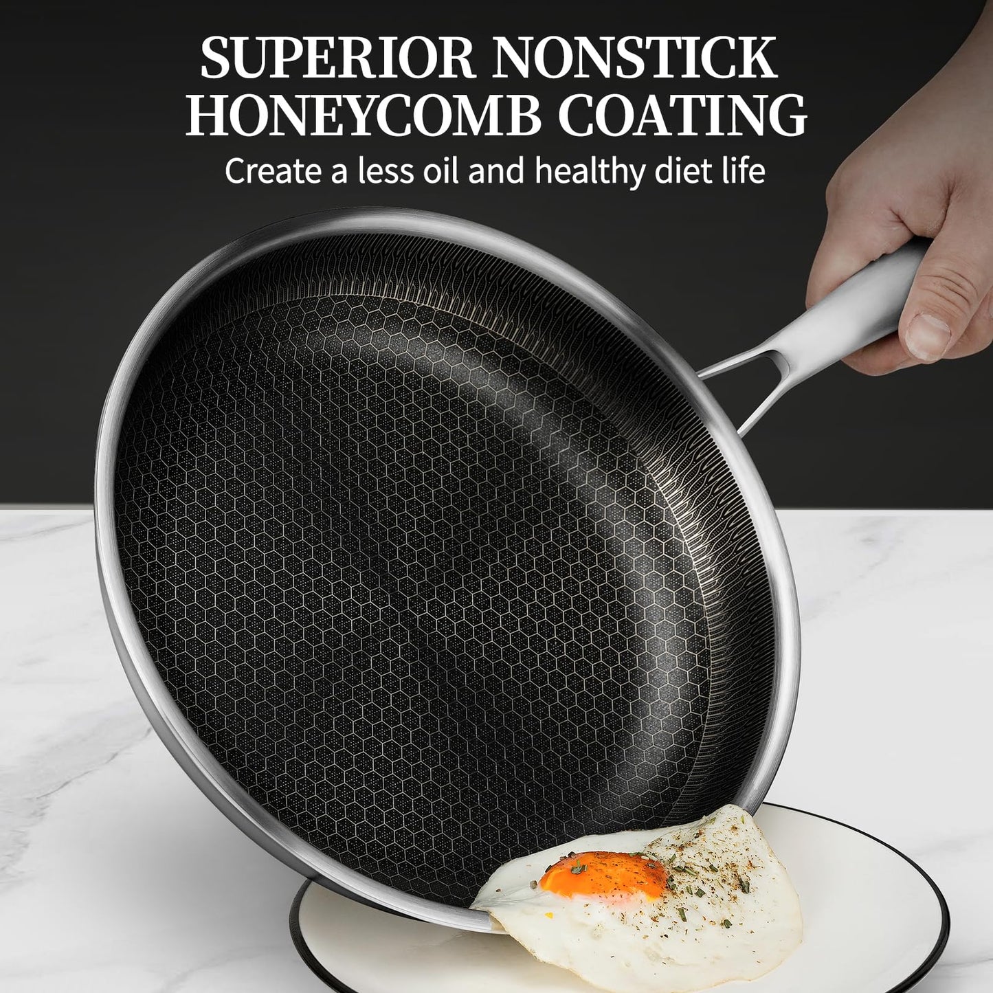 Stainless Steel Frying Pan with Lid - 9.5 Inch Nonstick Frying Pan with Lid, Honeycomb Stainless Steel Skillet Omelet Chef's Pan with Stay Cool Handle, Induction Compatible, PFOA Free