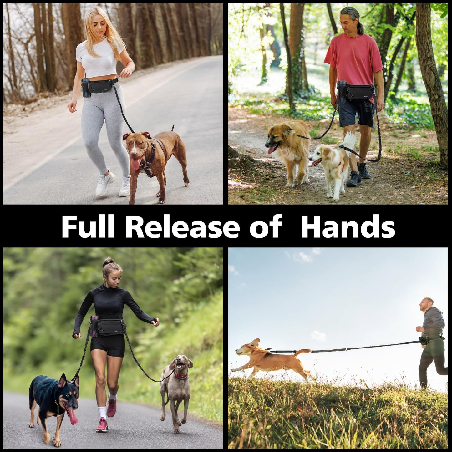 Tivray Hands Free Dog Leash 2 Dogs, Adjustable Waist Leash for Dog Walking with Dual Bungees Padded Handle, Shock Absorbing Hands Free Belt for Small Medium-Sized Dogs Outdoor Activities, Black
