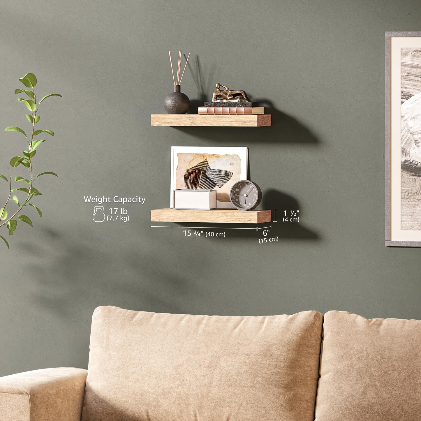 Ballucci Floating Shelves, 16" Wood Wall Shelf Set of 2, Invisible Brackets Floating Shelf Bathroom Wall Decor, Living Room, Bedroom, Kitchen, Nursery, 6" Deep, Natural Oak