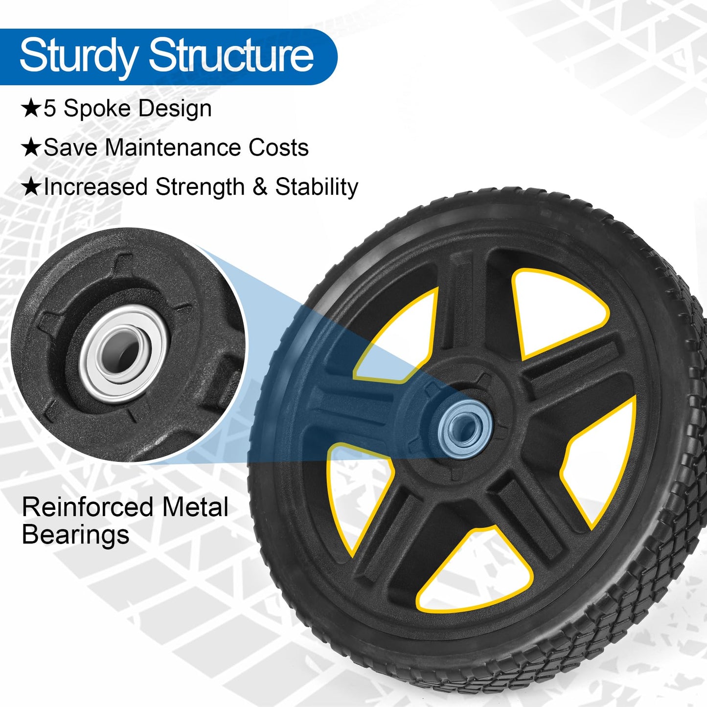 phepetroll 12 Inch Lawn Mower Wheels Kits Universal 12" Push Mower Wheels with 1/2" Bearing, Bolts & Nuts, Plastic Replacement Tires for Most Standard Garden Tiller, Pressure Washer, Handtruck, 2 Pack